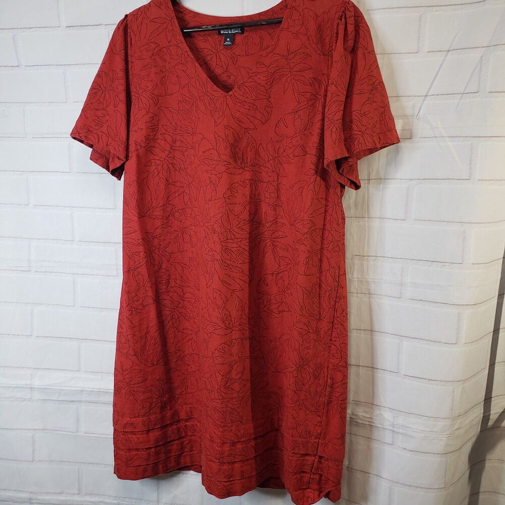 Womens XL Orange Linen Blend Floral V Neck Shift Midi Dress Nicole Miller
